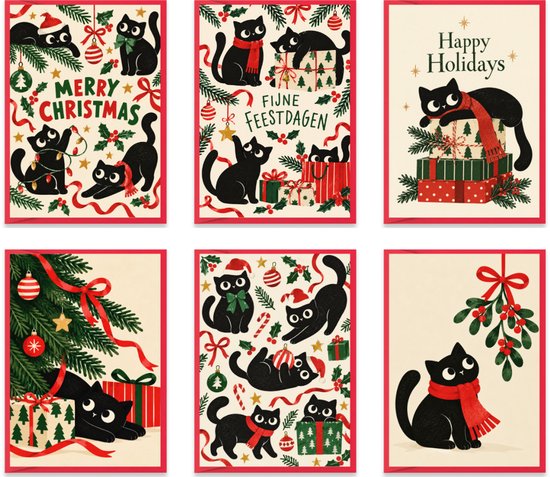 Collectie van 6 verschillende kerstkaarten met illustraties van zwarte katten, kerstbomen, cadeaus en maretak.
