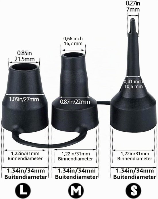 Elektrische luchtpompadapter, elektrische pompadapter, luchtpomp, mondstukken, reservesproeiers, adapter, elektrische luchtpompen, draagbaar, voor luchtbed, luchtpompaccessoires, 3 maten, zwart — afbeelding 2
