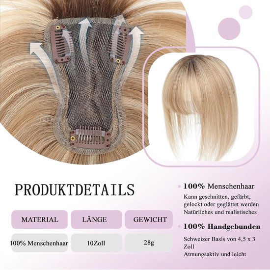 Haar toppers voor vrouwen, echt haar, met pony, handgenaaid, 360° 3D-dekking, voor dunner wordend haar — afbeelding 4