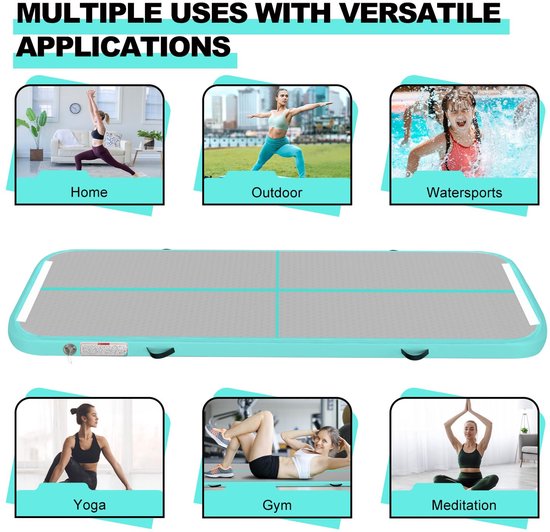 Opblaasbare turnmat, 2 m/3 m/4 m/5 m/6 m, 10 cm hoog, luchttrainingsmat met luchtpomp, voor familiegebruik, yoga, water, dans, 6 m x 1 m x 20 cm, groen — afbeelding 5