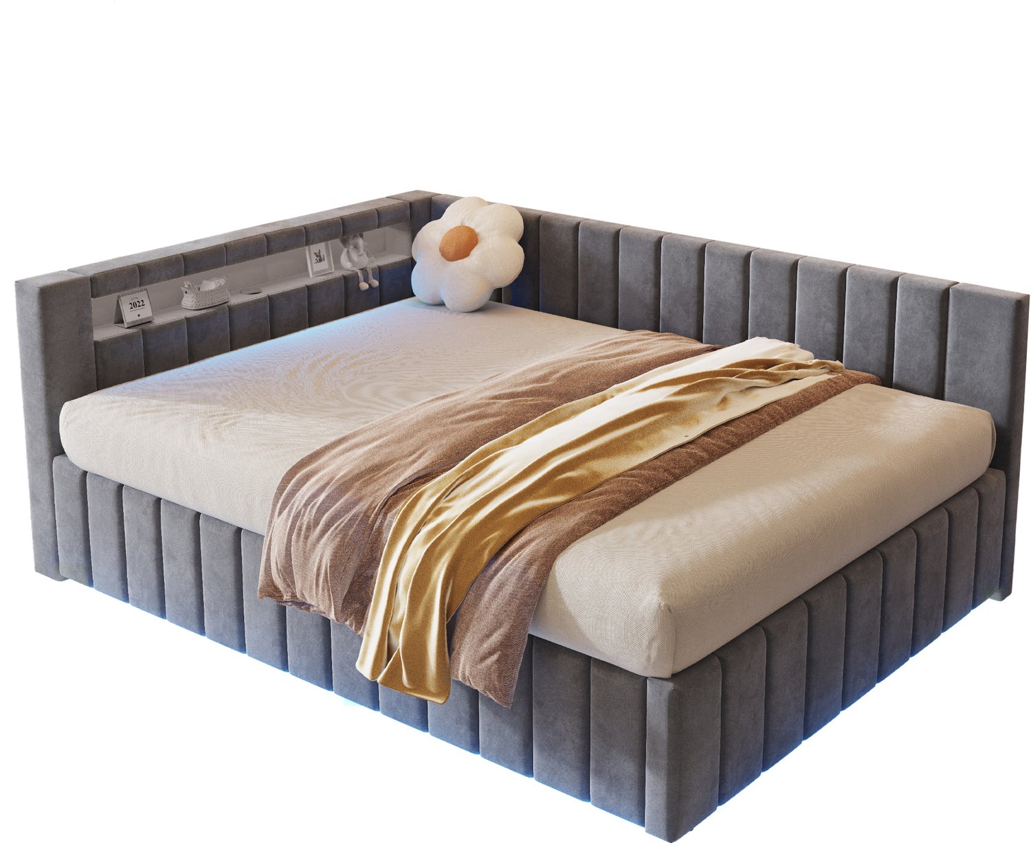 MUVANO Gestoffeerd bed 140x200 cm - bed met hydraulische opbergruimte, LED-verlichting en USB-aansluiting - grijs fluwelen bed met lattenbodem voor slaapkamer