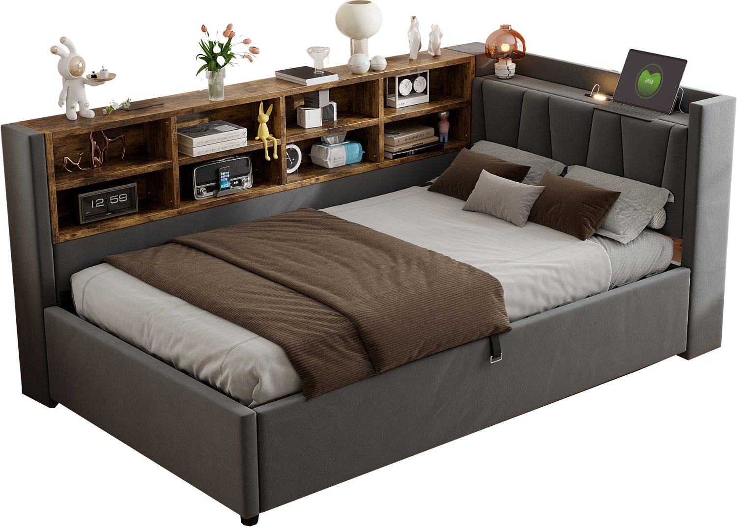 MUVANO Gestoffeerd bed 90x200 - slaapbank - bed met hydraulische opbergruimte - fluwelen bed met nachtlampje, USB en USB-C - grijs voor kleine kamers