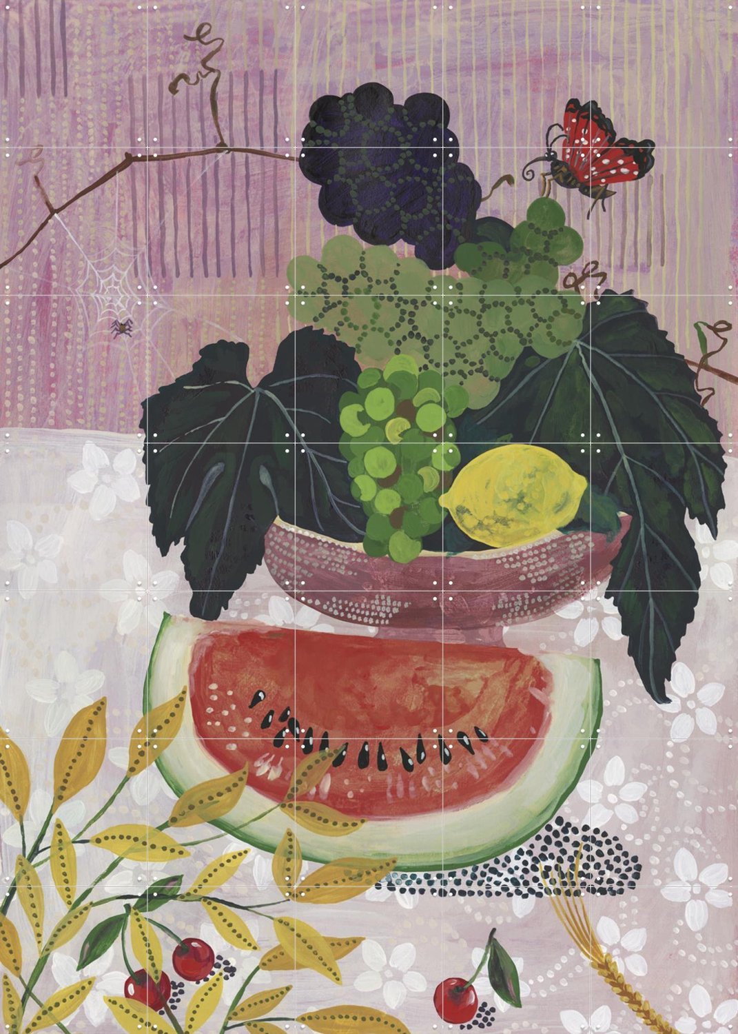 IXXI La Pastèque Et Le Raisin, Nathalie Lété - 100 x 140 cm - Grote wanddecoratie en posters - Schilderijen, Eetkamer, Woonkamer, Voedsel, Fruit Paars / Groen