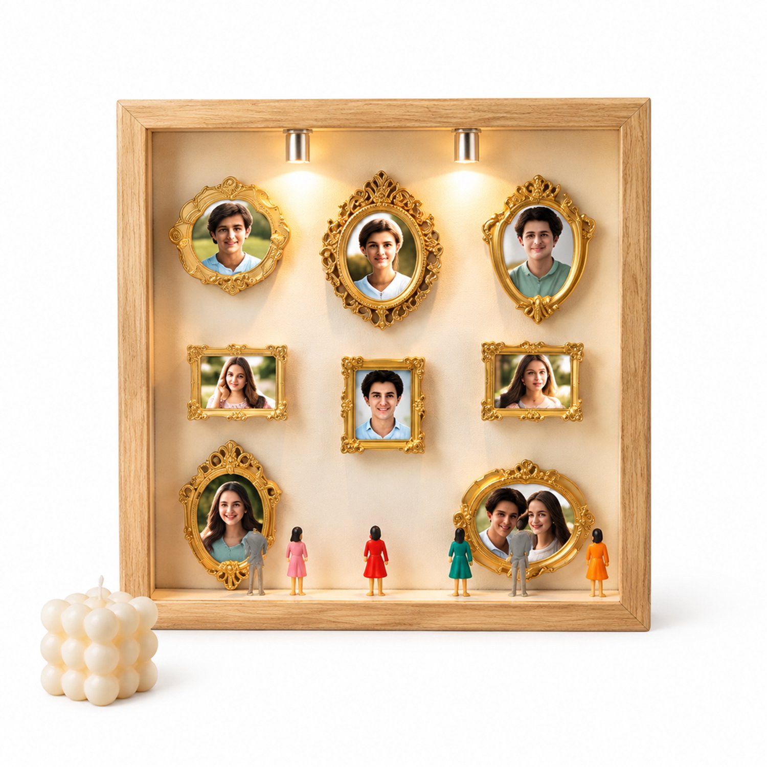 SWGOTA Houtkleurige MDF-displaylijst met binnenmaat 20 × 25 cm, 8 minilijstjes en 8 willekeurige figuurtjes Naturel