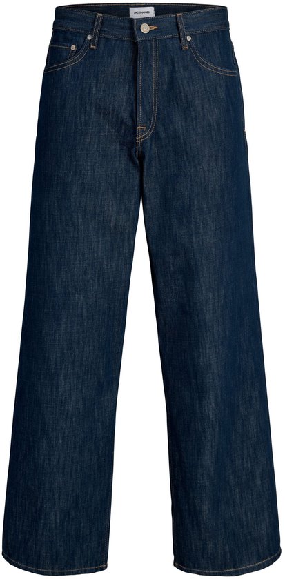 Donkerblauwe jeans met wijde pijpen, gezien vanaf de voorkant, met klassieke pasvorm.