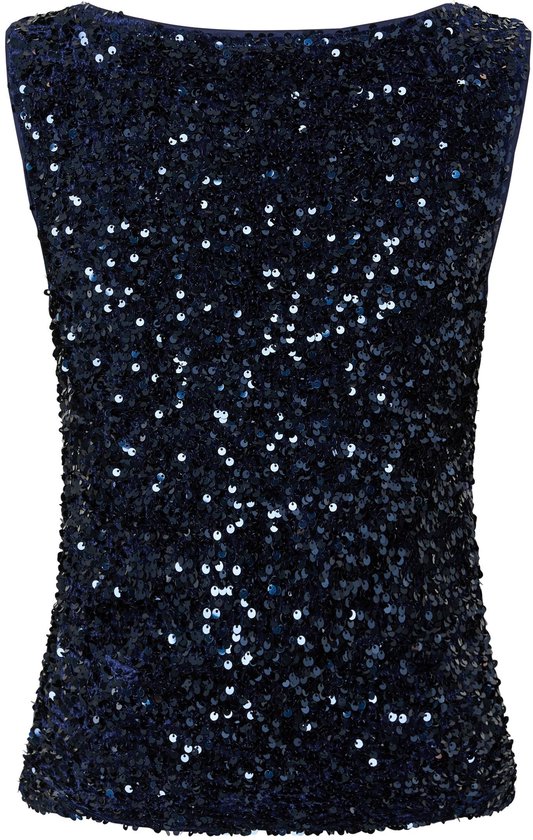 Een donkerblauw mouwloos topje met all-over pailletten.