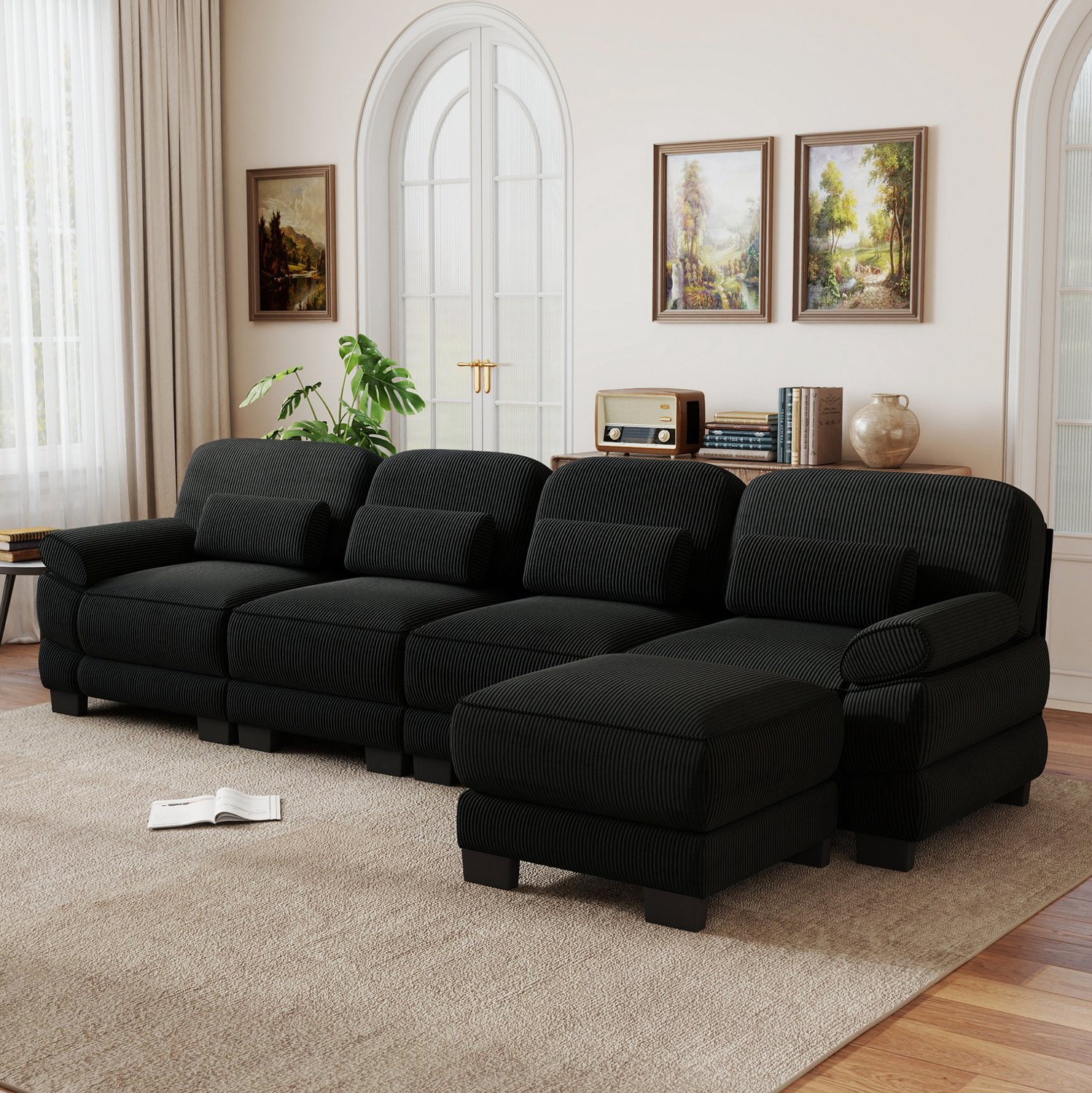 MIVRAY Hoekbank 336 x 161 x 94 cm - Modulaire Vierzitter met Hocker, Diepe Zit en Flexibele Opstelling - Voor de Woonkamer - Ribstof - Zwart