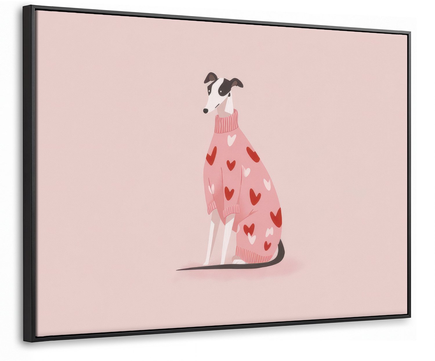 Canvas Schilderij met Baklijst 80x60cm - Hond - Hartjes - Roze - Muurdecoratie woonkamer - Slaapkamer decoratie - Kamer accessoires - Schilderijen op canvas met lijst