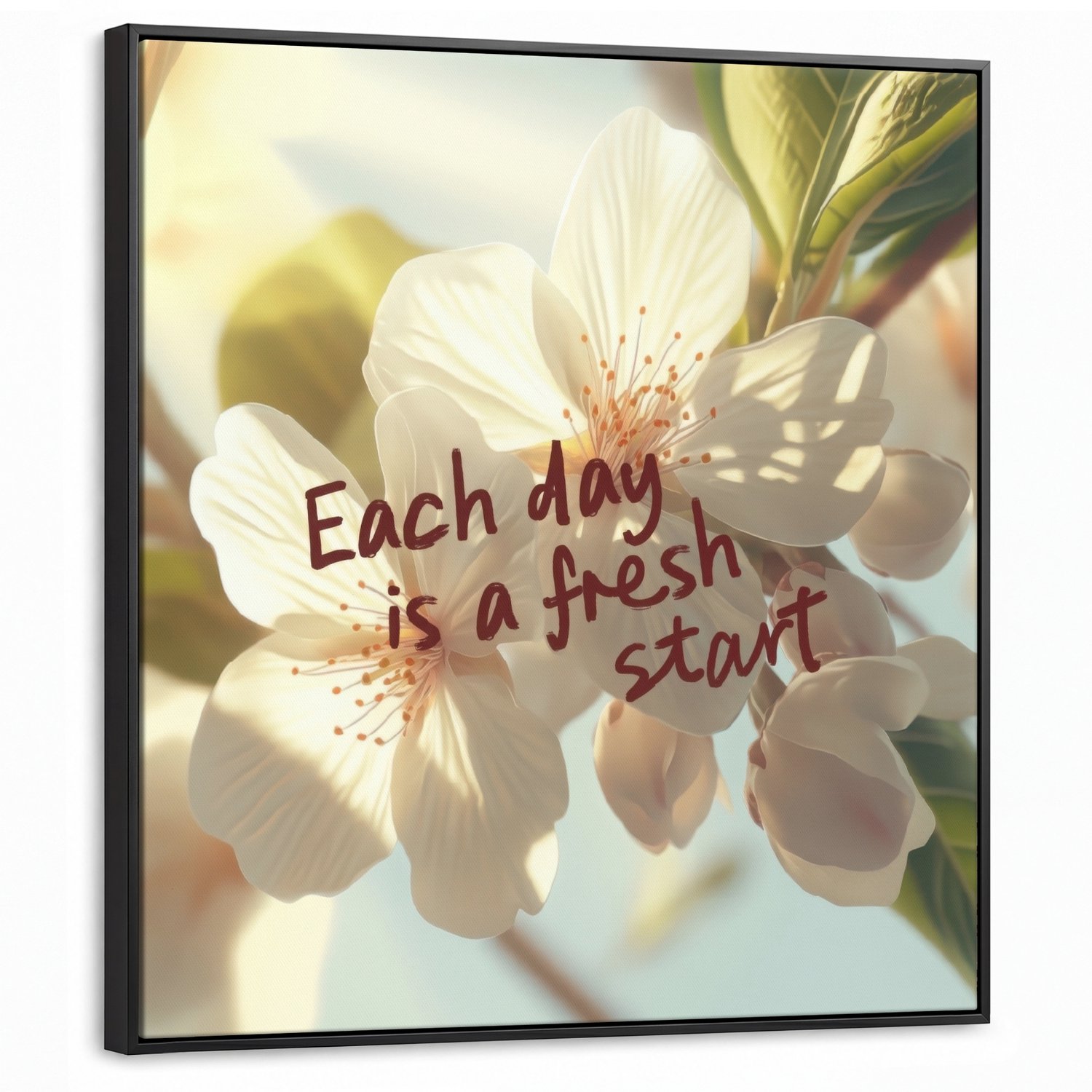 Canvas Schilderij met Baklijst 90x90cm - Bloesems - Zonlicht - Quote - Wit - Muurdecoratie woonkamer - Slaapkamer decoratie - Kamer accessoires - Schilderijen op canvas met lijst