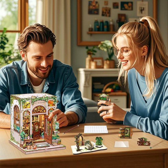 DIY "Boekenhoek" Bouwmodel - Mini Groene Boekhandel - 3D Houten Puzzel - Zelf in elkaar te zetten Huis - Miniatuur Scène Set - Model Speelgoed - Geschikt voor Boekenplanken en Woondecoratie - Inclusief LED-verlichting