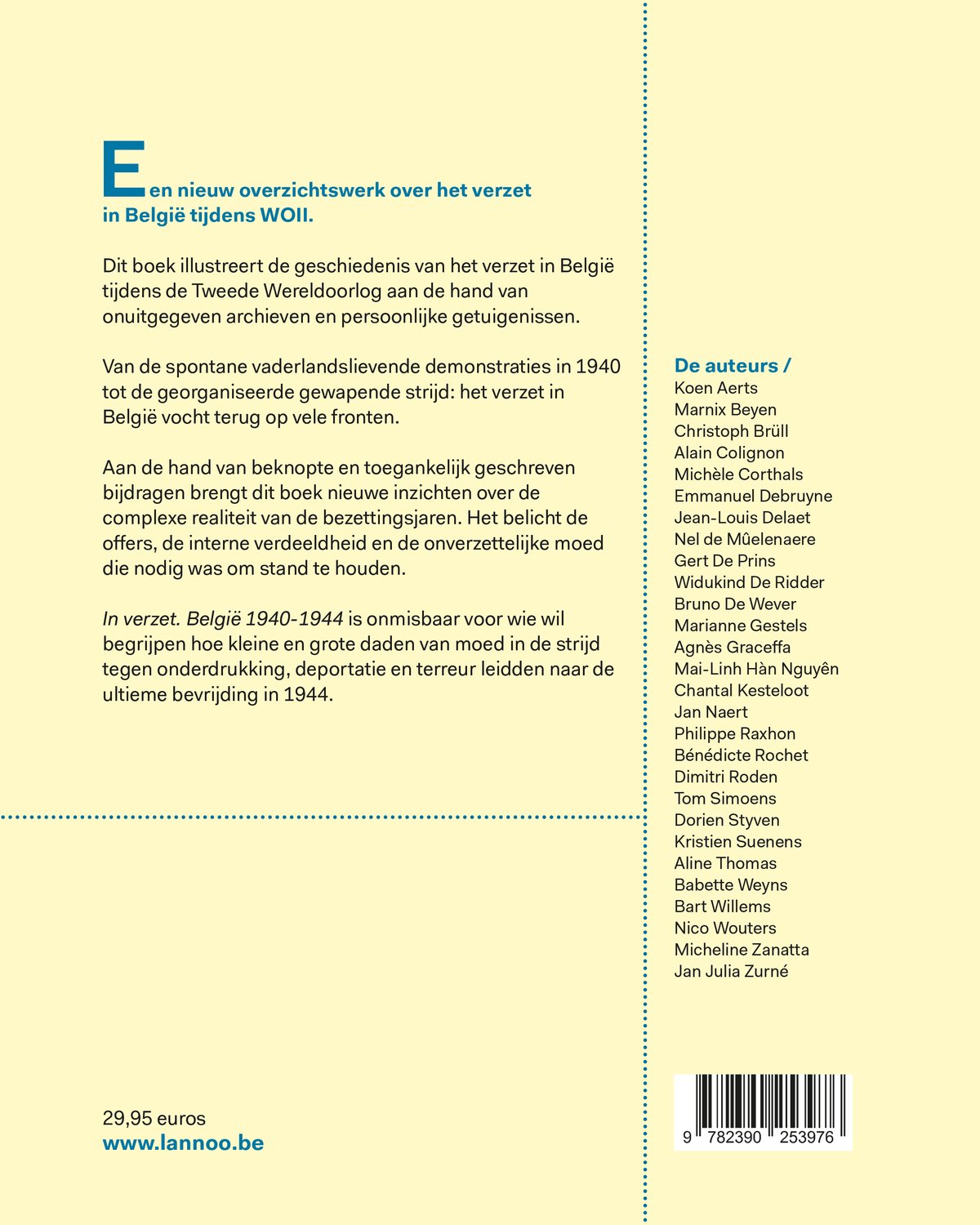 Achterflap van het boek 'In verzet' met tekst in het Nederlands, lijst van auteurs en een streepjescode.