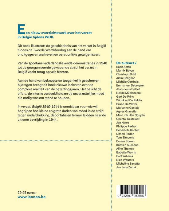 Achterflap van het boek 'In verzet' met tekst in het Nederlands, lijst van auteurs en een streepjescode.