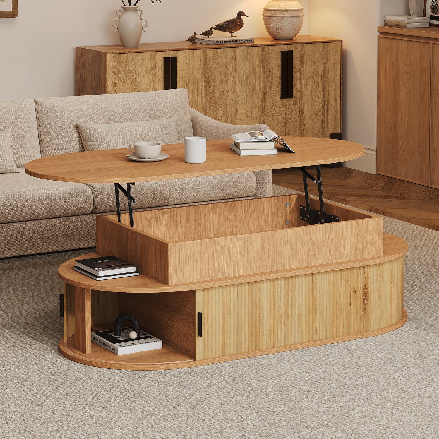 DantefHandels Tafel salontafel in hoogte verstelbaar 100×50×40cm, tot 55 cm, houtfarbe, bijzettafel, theetafel, ovaaler salontafel met rolschuifdeuren wood