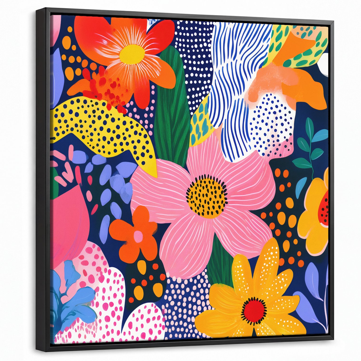 Canvas Schilderij met Baklijst 50x50cm - Kleurrijk - Bloemen - Abstract - Stippen - Muurdecoratie woonkamer - Slaapkamer decoratie - Kamer accessoires - Schilderijen op canvas met lijst
