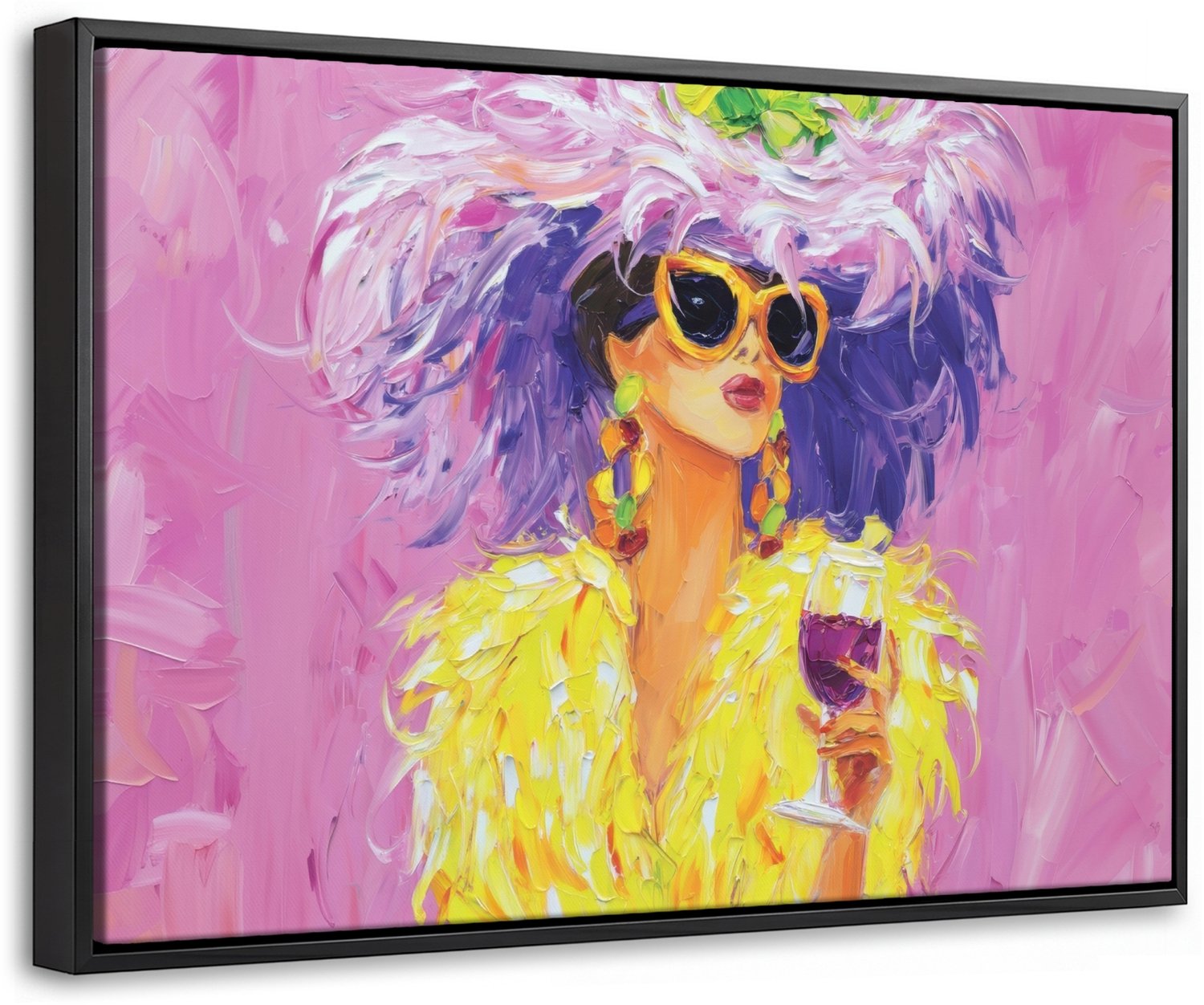 Canvas Schilderij met Baklijst 30x20cm - Zonnebril - Vrouw - Jas - Veren - Muurdecoratie woonkamer - Slaapkamer decoratie - Kamer accessoires - Schilderijen op canvas met lijst
