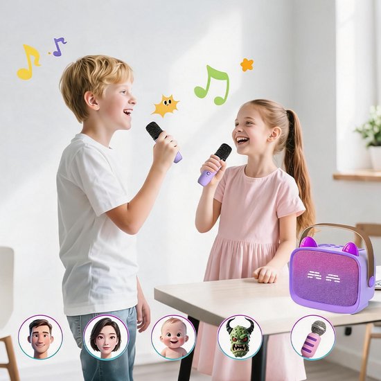 Juksun® Kinder Karaoke Set met 2 Draadloze Microfoons - Draagbare Bluetooth Speaker met RGB LED Verlichting en 4 Stemeffecten - Voor Kinderen en Volwassenen — afbeelding 5