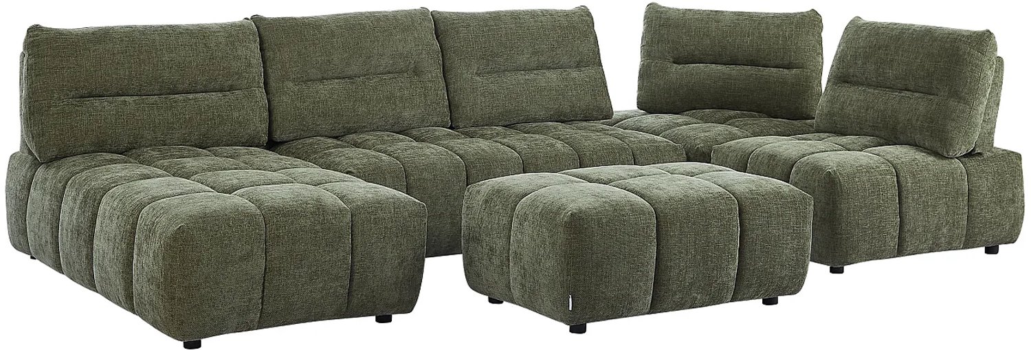 Vente-unique Modulaire XXL-hoekbank met poef en kantelende rugleuning in groen getextureerde stof - APOLIU