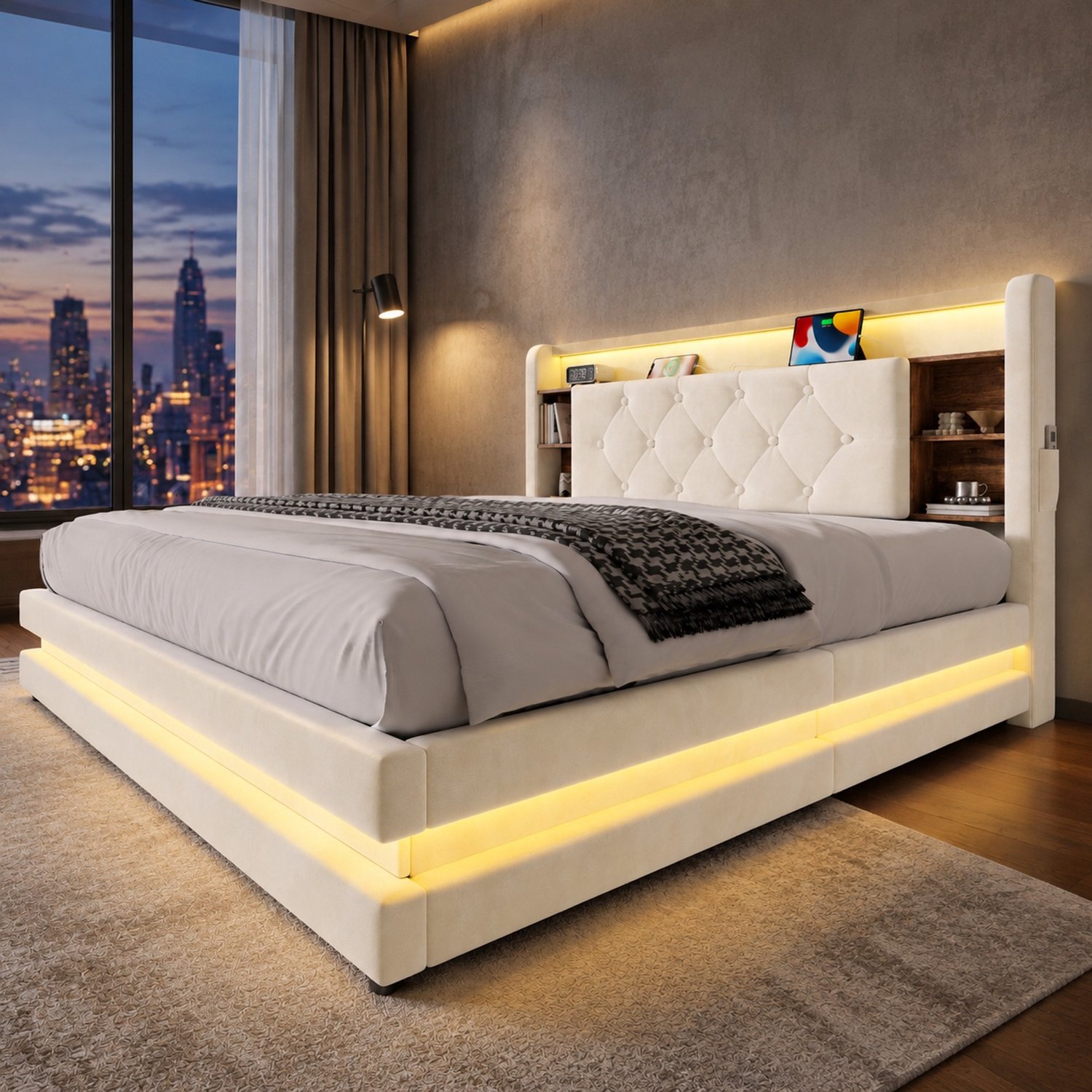 Wishdor Tweepersoonsbed 140x200 cm - Hydraulische opbergruimte en lattenbodem - Hoofdbord met open vakken en zijvakken - LED-verlichting en oplaadaansluitingen - Fluweel - Beige
