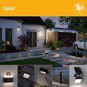 Paulmann Solar antraciet LED-verlichting in tuin en aan gevel, met inzetstukken van wand-, grond- en paallampen.