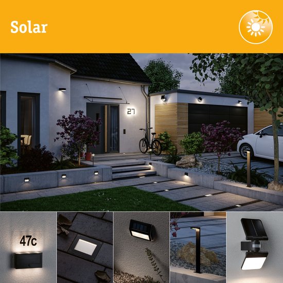 Paulmann Solar antraciet LED-verlichting in tuin en aan gevel, met inzetstukken van wand-, grond- en paallampen.