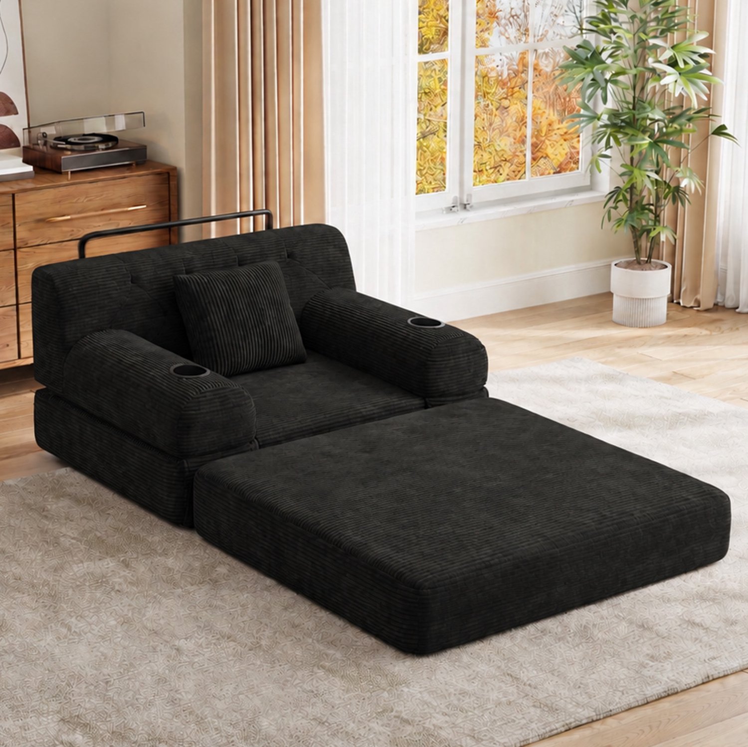 MIVRAY Slaapbank 107 x 80 x 81 cm - Eenpersoons met Hoge Rugleuning en Bekerhouders - Voor Woonkamer en Logeerkamer - Ribfluweel - Zwart