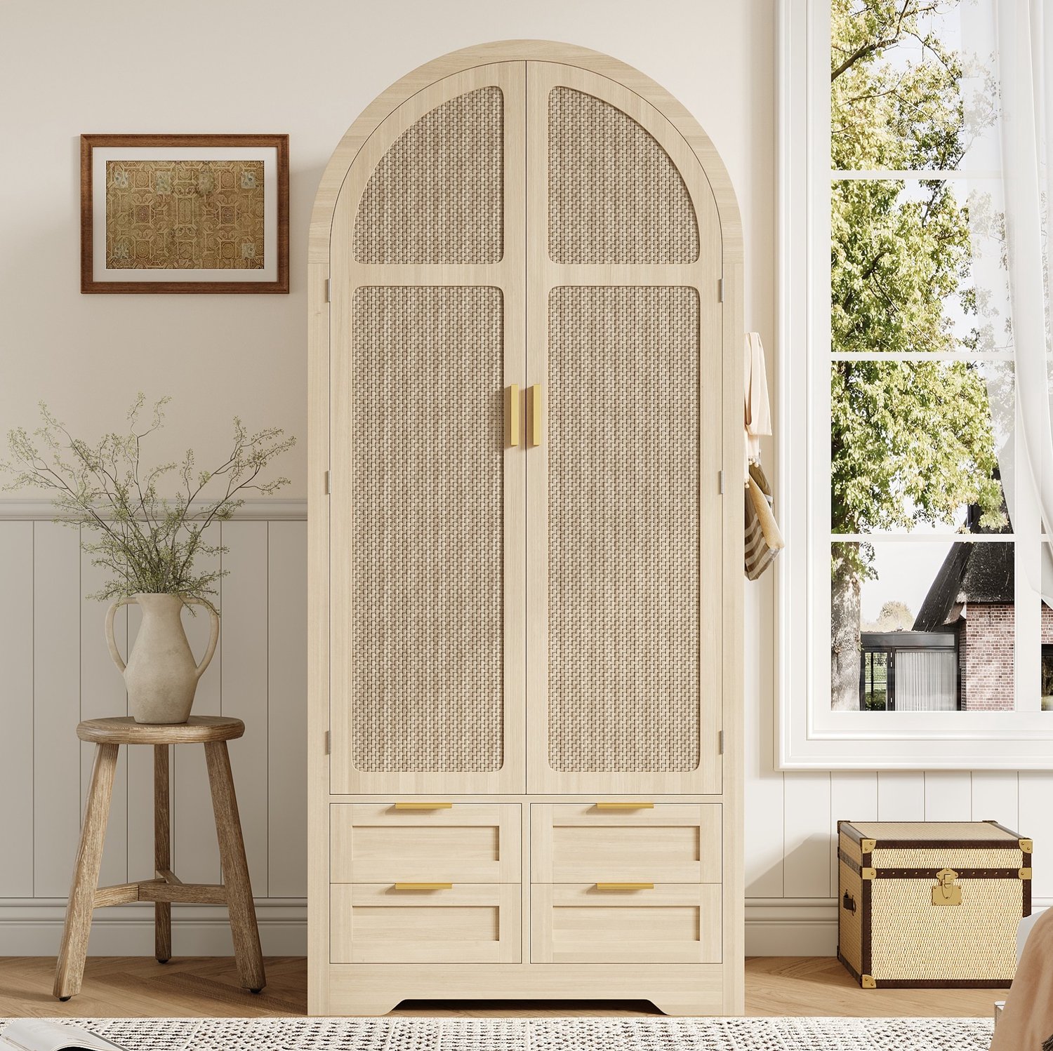 OKWISH Kledingkast - Gebogen Deuren met Rotan - Kledingroede en Lades - Voor Slaapkamer en Hal - MDF Eikenhoutkleur - 80 x 50 x 180 cm