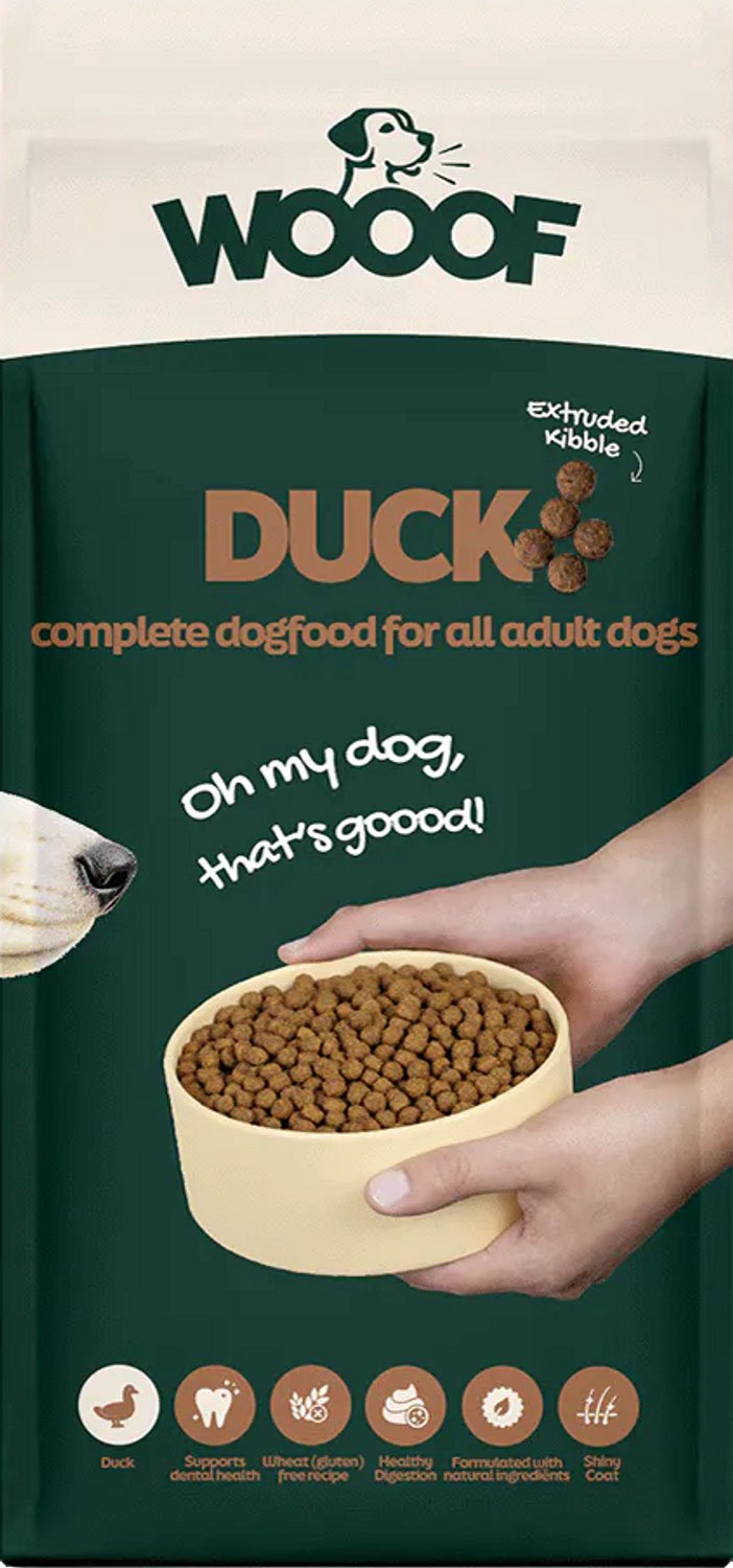 WOOOF Eend Hondenbrokken Krokant 18kg - Hypoallergeen hondenvoer - Prebiotica Darmen Gezondheid - 18kg