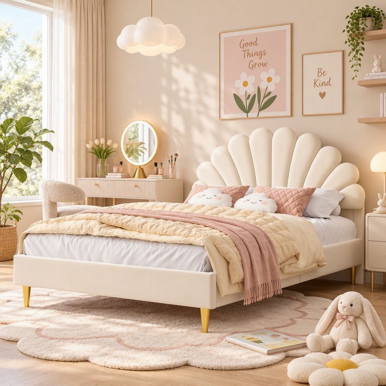 Mofor Tweepersoonsbed 140x200 cm met verstelbaar bloemvormig hoofdbord - fluwelen bekleding - beige - modern design