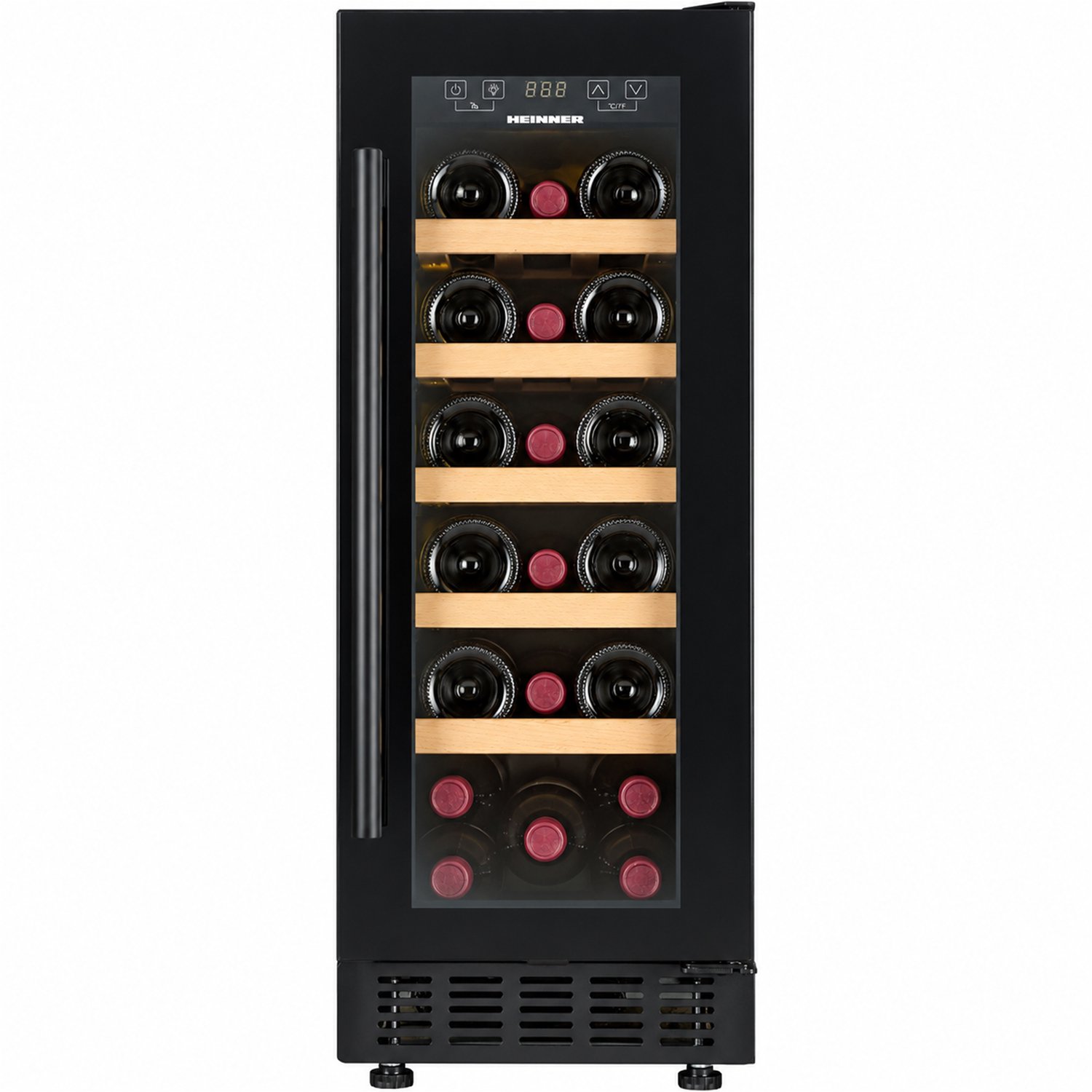 Heinner HRV-ABI56DRL20 Inbouw wijnkoelkast – 56 L – Geschikt voor 20 Flessen – LED-display – 5 Houten Leggers – Omkeerbare Deur – Zwart – 5 Jaar Garantie