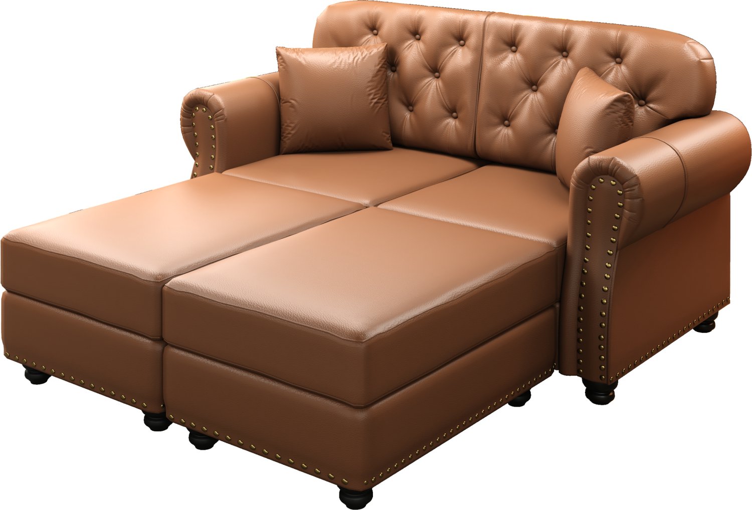 OKWISH Chesterfield Bank 160 cm - Tweezitsbank met 2 Verplaatsbare Hockers en Gecapitonneerde Rugleuning - Woonkamer - Kunstleer - Bruin
