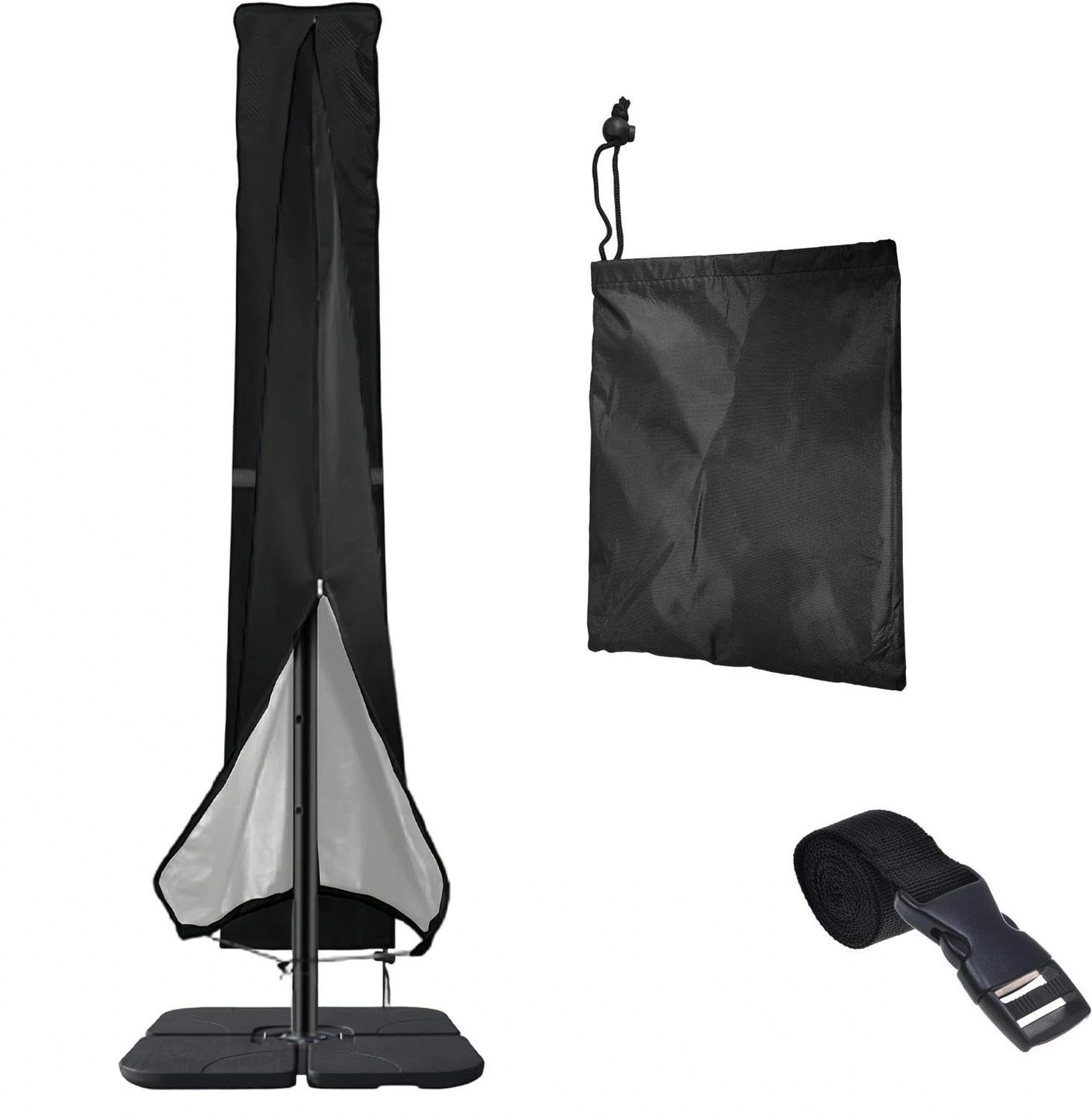 Famanu Beschermhoes voor zweefparasol van 210D Oxford, waterdicht en scheurvast, 240 x 57 cm, voor ronde tuinparasol, ideaal voor gebruik op terras, balkon en bij het zwembad, kleur zwart