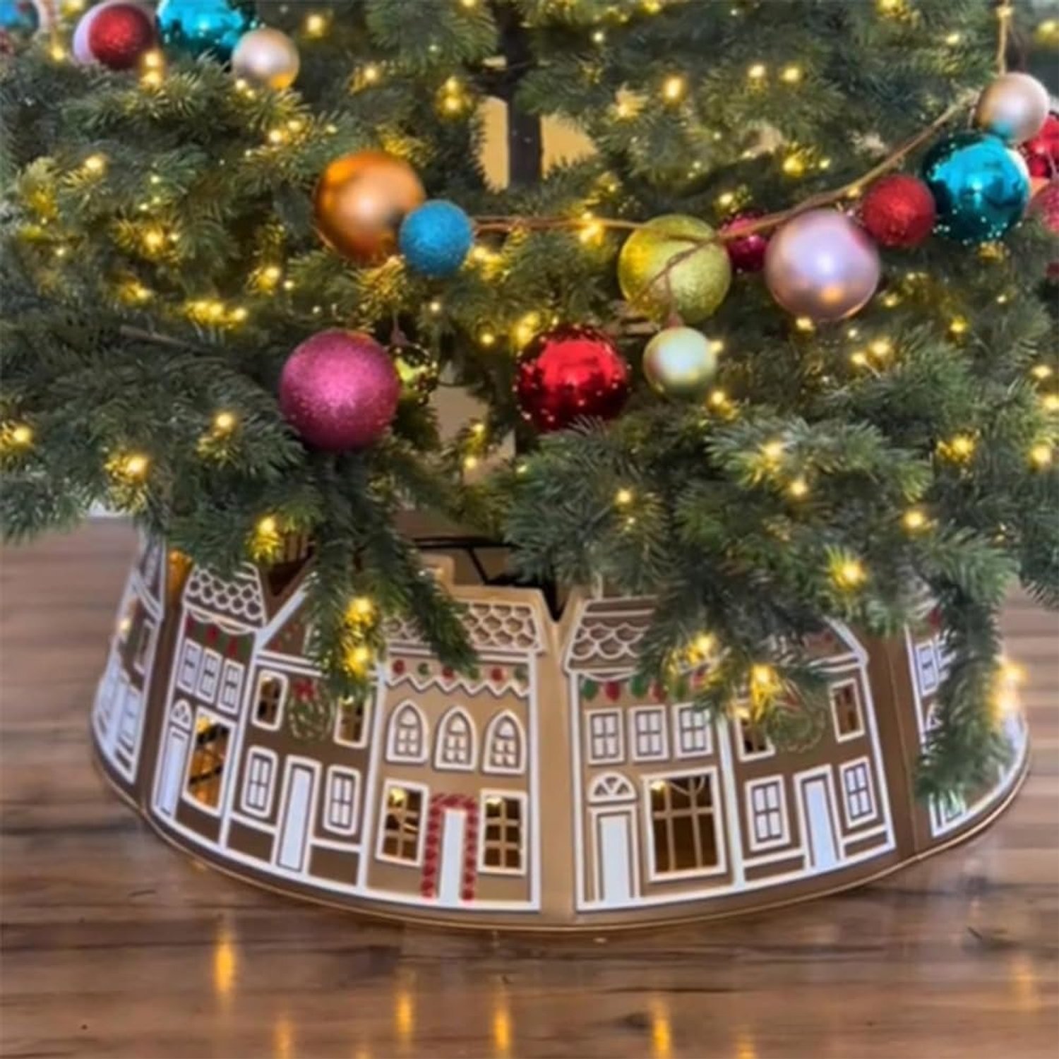 Kerstboomkraag met peperkoekhuis-design - LED-verlichting - 26 inch (ca. 66 cm) - Verlichte kerstboomrok - Afdekking voor kerstboomvoet - Decoratie voor smalle kerstboom - LED-bodemafdekking voor kerstboom – foto 4