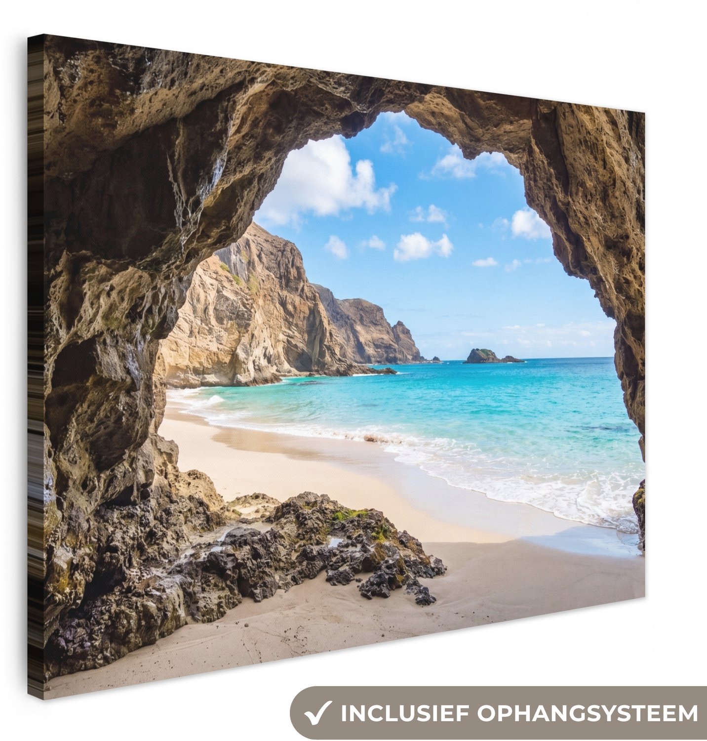 Canvas schilderij 120x90 cm - Exclusieve wanddecoratie Grot - Strand - Zee - Blauw - Muurdecoratie woonkamer - Slaapkamer decoratie - Kamer accessoires - Schilderijen op canvas groot XXL