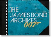 Boekomslag 'The James Bond Archives' met een blauwe textuur, zilveren letters en het goudkleurige 007-logo.