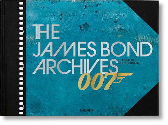 Boekomslag 'The James Bond Archives' met een blauwe textuur, zilveren letters en het goudkleurige 007-logo.