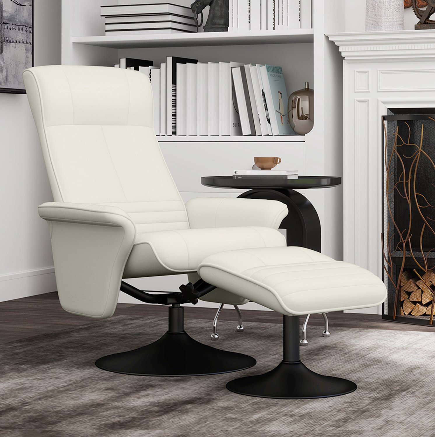 DESMIU Relaxfauteuil met Hocker 69 x 71 x 104 cm - Draaibaar met Verstelbare Rugleuning - Voor Woonkamer en Slaapkamer - Polyester - Crèmewit
