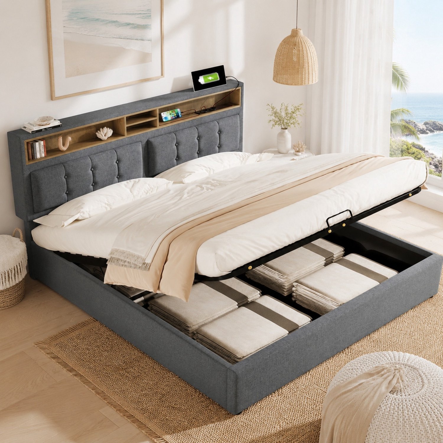 Maisentiel Gestoffeerd tweepersoonsbed 160 x 200 cm - grijs - opbergruimte en USB-C