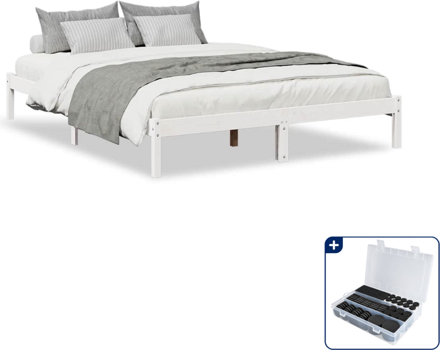 vidaXL bedframe Queensize - 160 x 210 cm - massief grenenhout - wit - Inclusief antikrasvilt 177-delig