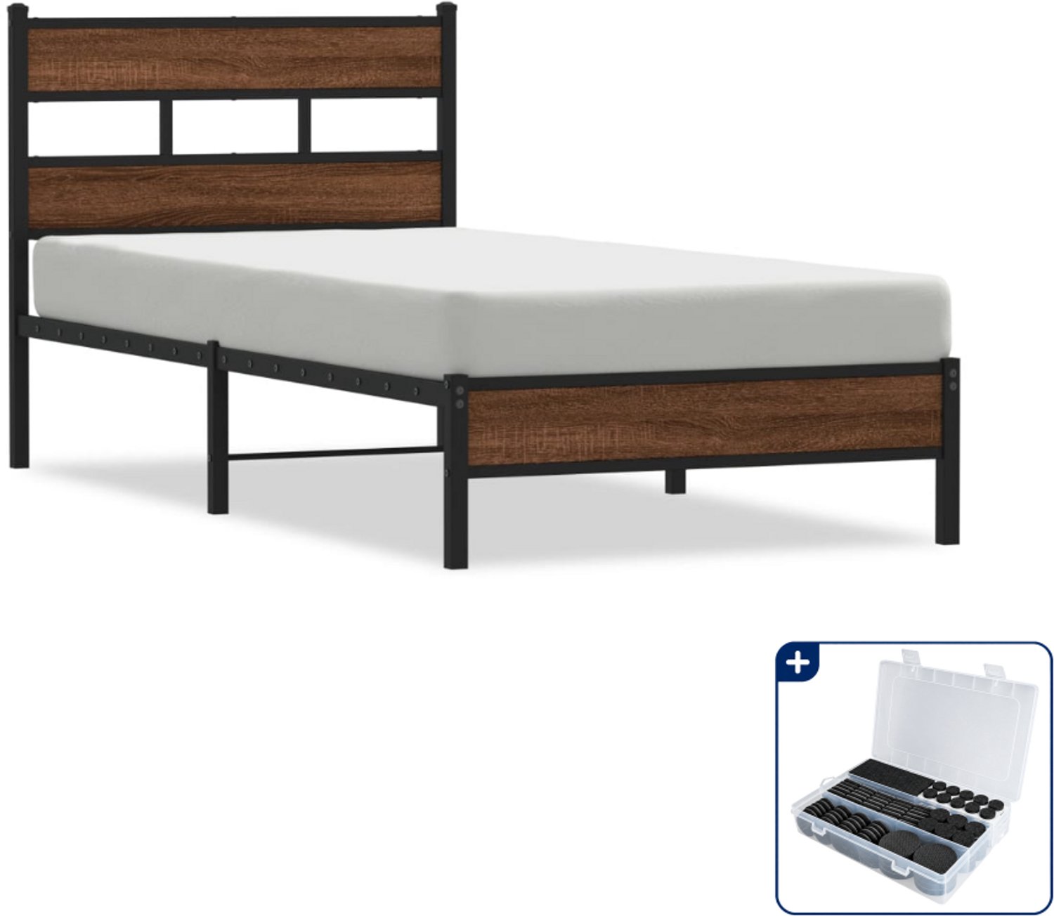 vidaXL bedframe - 90 x 190 cm - staal en bewerkt hout - bruineiken - Inclusief antikrasvilt 177-delig