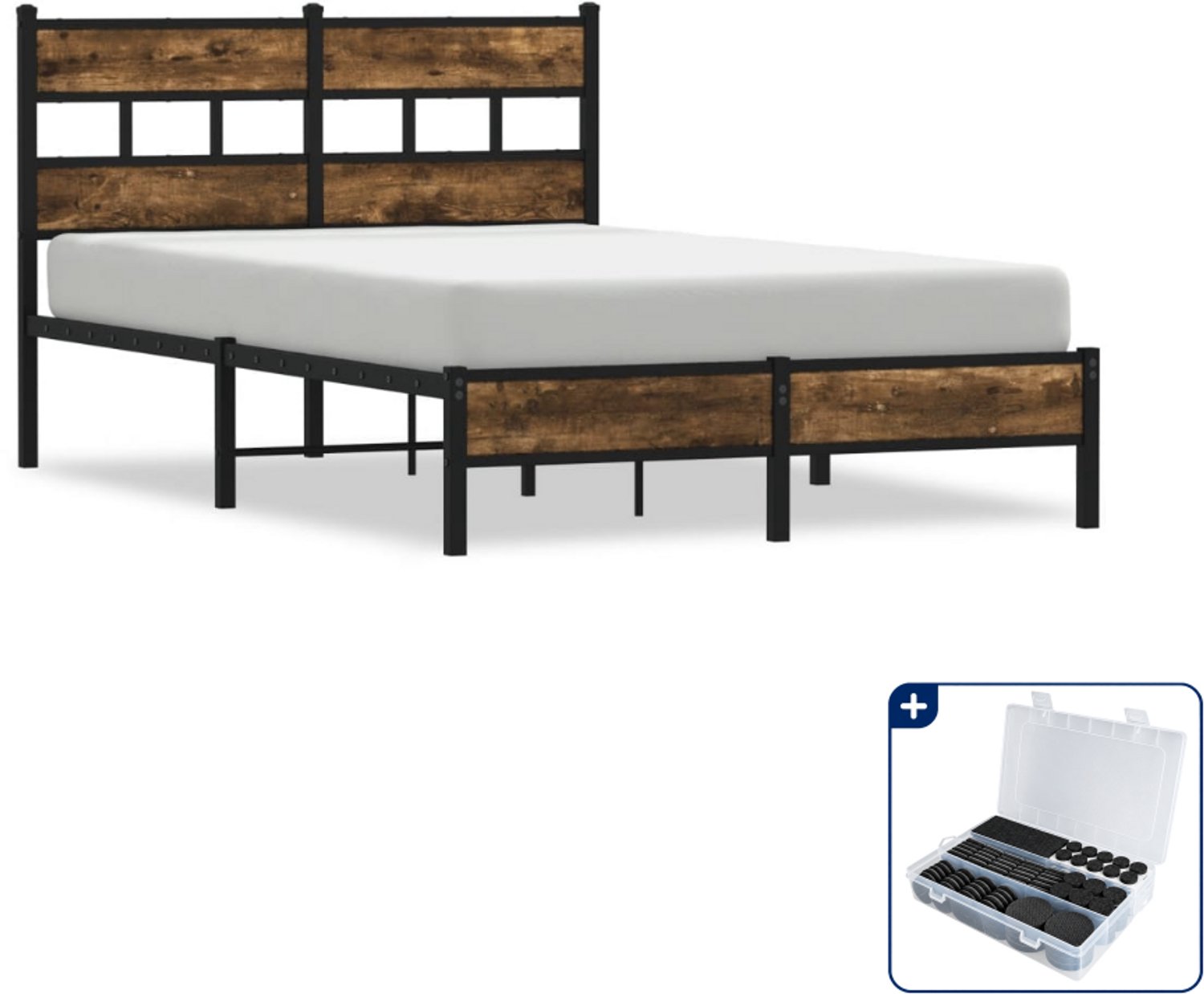 vidaXL Bedframe - 120 x 190 cm - staal en bewerkt hout - gerookt eiken - Inclusief antikrasvilt 177-delig Bruin