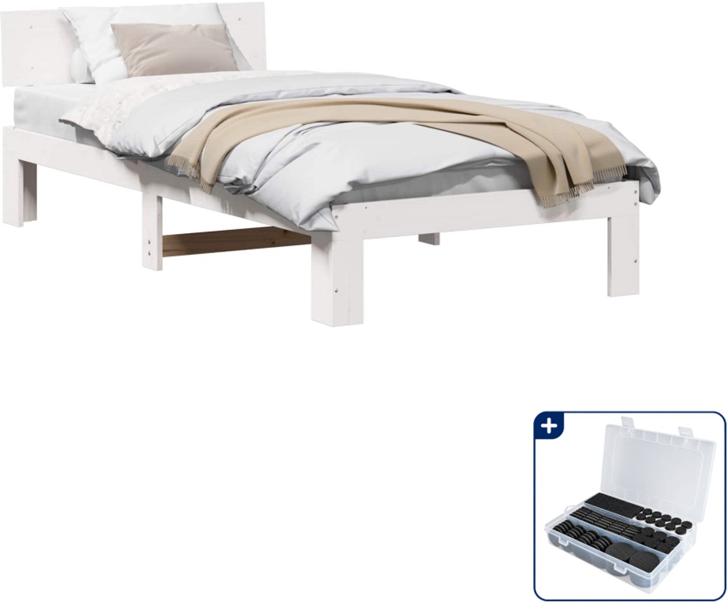 vidaXL bedframe met hoofdeinde - 80 x 200 cm - massief grenenhout - wit - Inclusief antikrasvilt 177-delig
