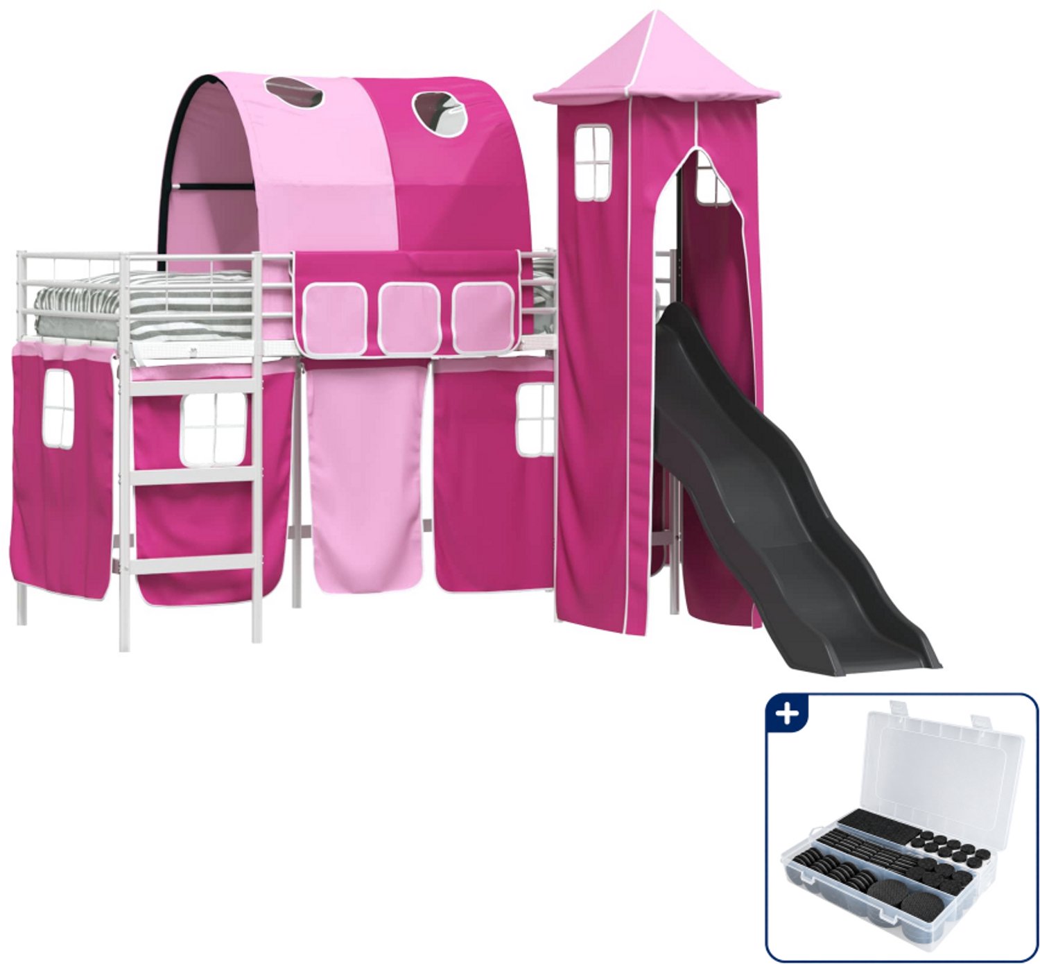vidaXL stapelbed voor kinderen - 90 x 190 cm - metaal - wit en roze - Inclusief antikrasvilt 177-delig