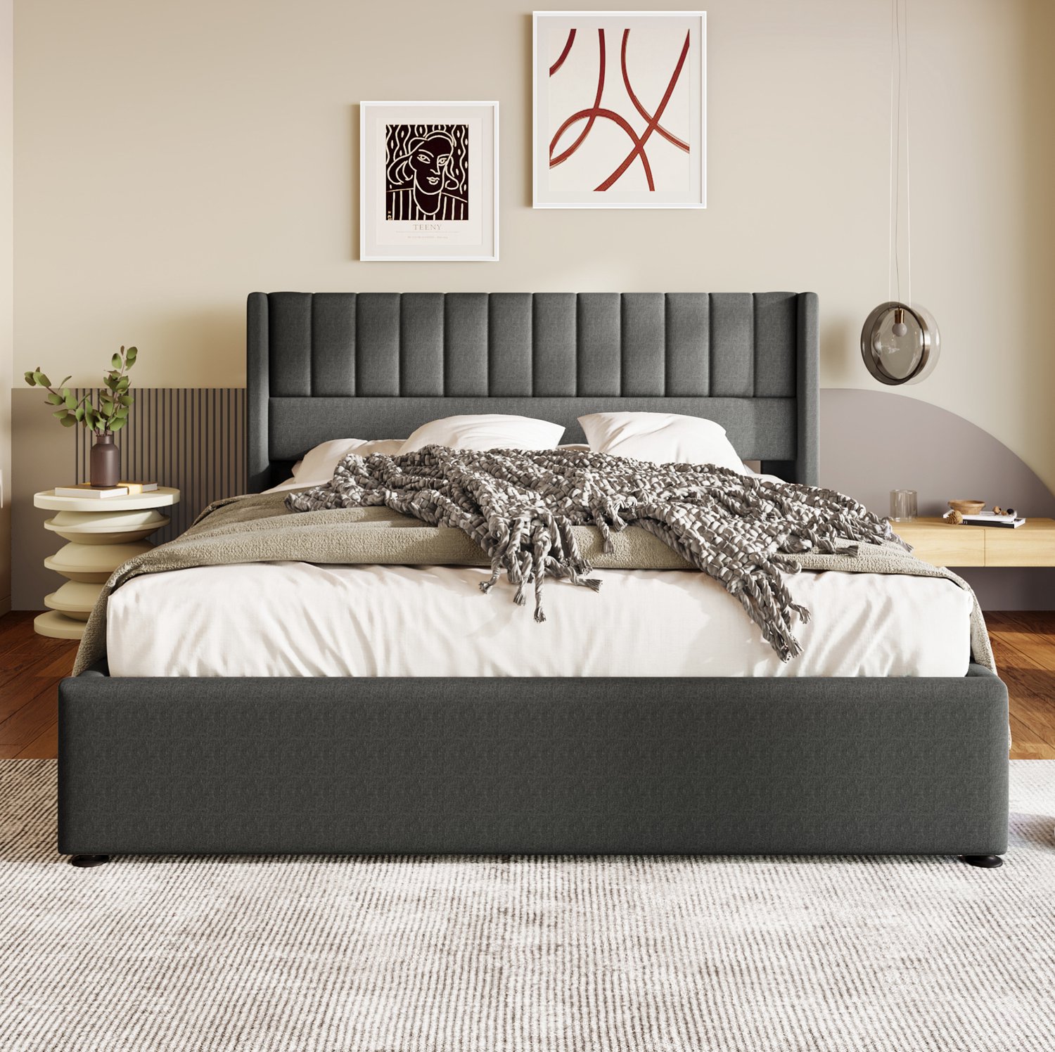 Maisentiel Gestoffeerd opbergbed 160 x 200 cm - grijs - hydraulisch opklapbare lattenbodem