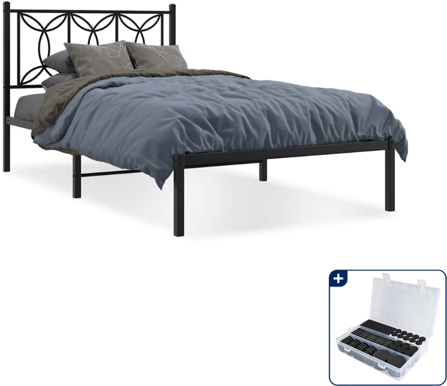 vidaXL bedframe met hoofdbord - 107 x 203 cm - staal - zwart - Inclusief antikrasvilt 177-delig