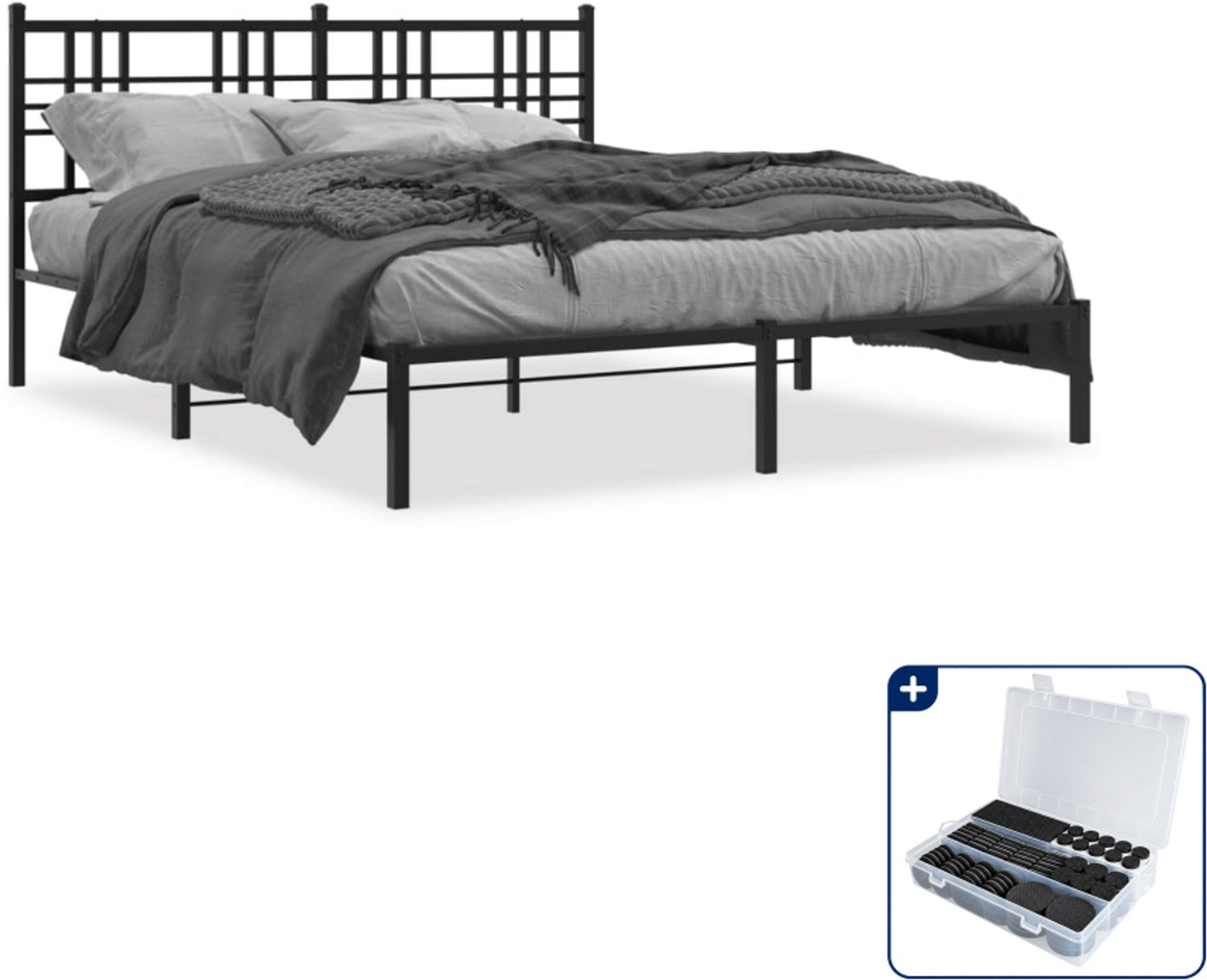 vidaXL bedframe met hoofdbord - 150 x 200 cm - staal - zwart - Inclusief antikrasvilt 177-delig