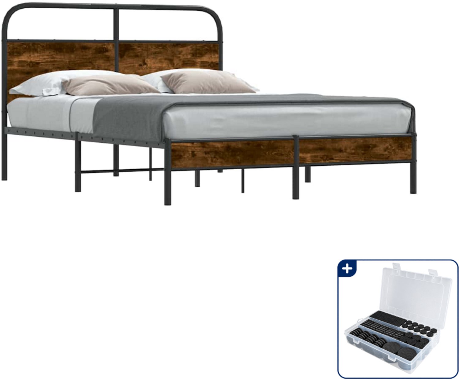 vidaXL bedframe - 120 x 190 cm - bewerkt hout - gerookt eiken - Inclusief antikrasvilt 177-delig Bruin