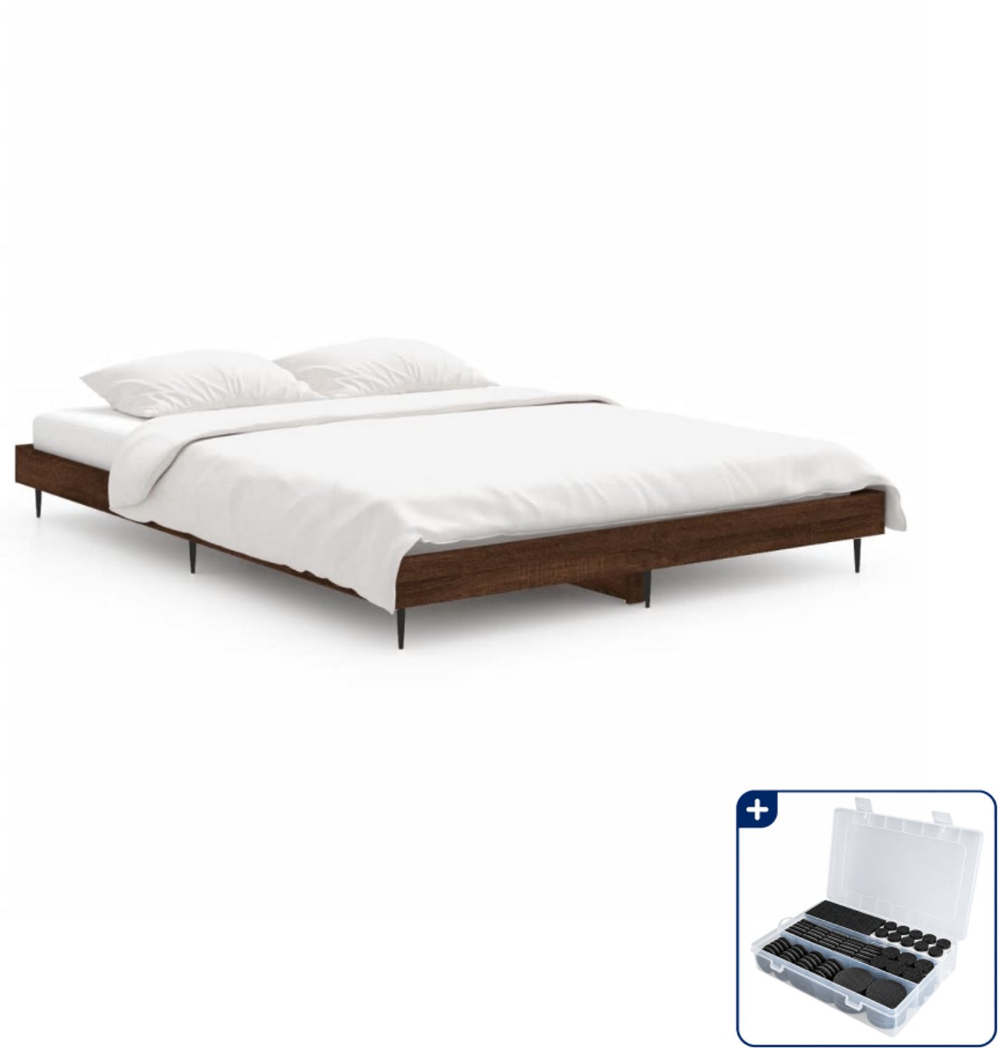 vidaXL bedframe - 135 x 190 cm - bewerkt hout - bruineiken - Inclusief antikrasvilt 177-delig