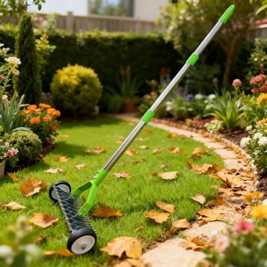 Robuuste Gazonhark met Wielen en Lange Handgreep voor Tuinonderhoud — afbeelding 3