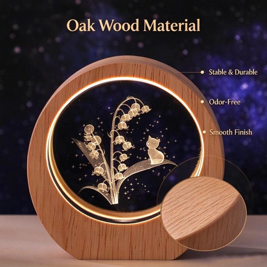 Namajunas - kristal 3D gegraveerde nachtlampje met houten ronde lijst - zacht warm LED licht - gegraveerd met lelietjes-van-dalen en een kat - USB voeding - romantisch tafelornament, cadeau voor verjaardag, sfeerverlichting voor slaapkamer van Namajunas — afbeelding 5