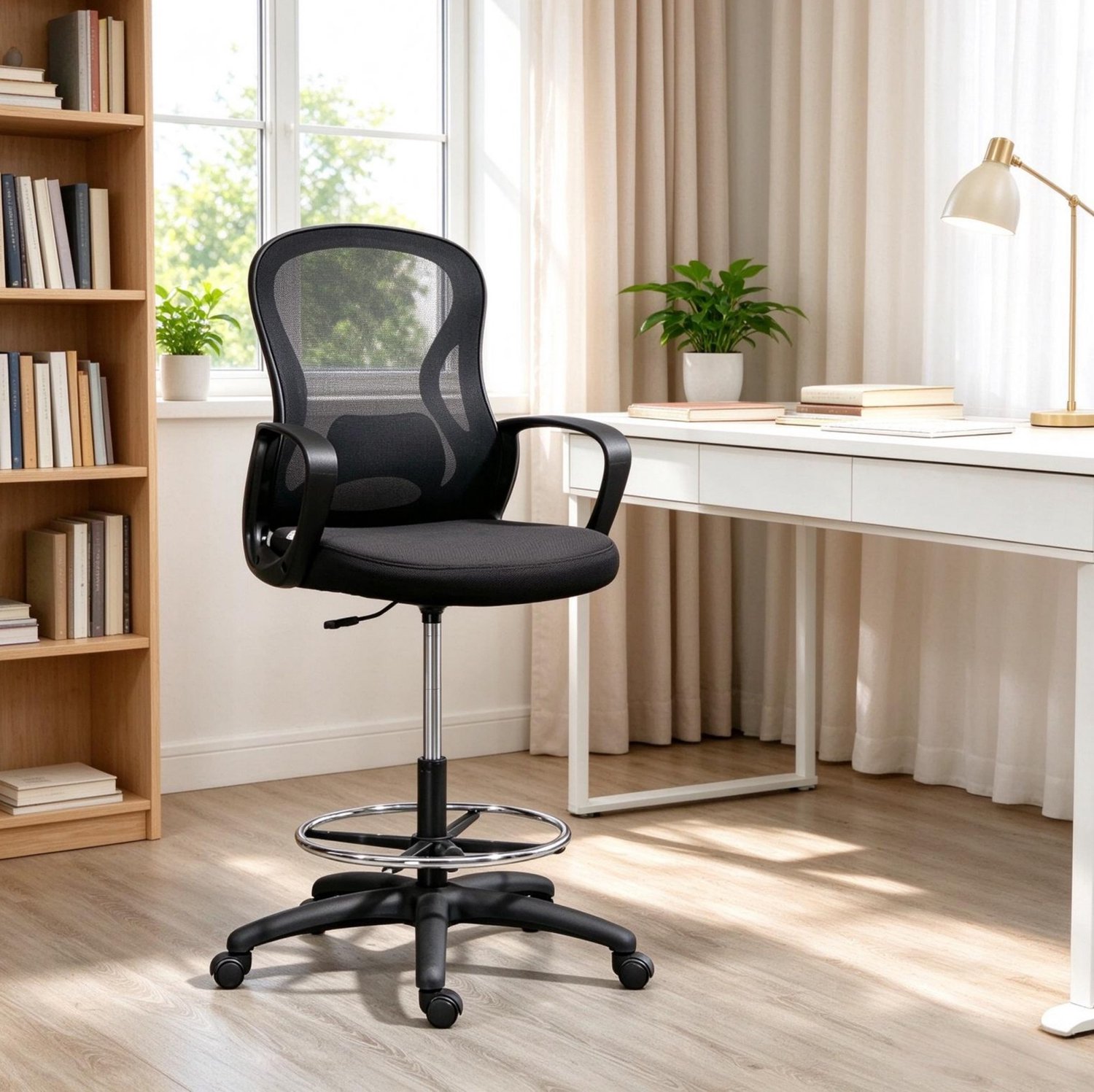 STILVORA Bureaustoel 59 x 65 x 103-123 cm - In Hoogte Verstelbaar en Draaibaar - Met Voetenring en Wielen - Voor Kantoor - Gaasstof - Zwart